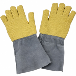 Guante de seguridad Terrycloth Kevlar con puño de cuero, diseñado para trabajos con metales. Ofrece resistencia a la abrasión, al corte y a altas temperaturas.
